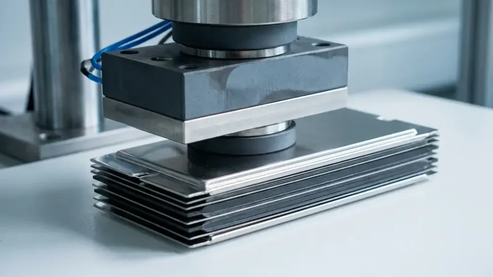 Precision force test cell applying measured pressure to a solid-state battery stack in a laboratory testing rig.
