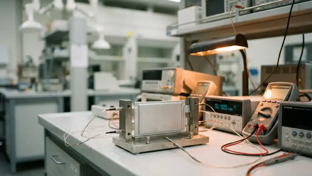 Solid-state battery prototype secured in a stainless steel test cell, surrounded by measurement probes and calibration instruments on a laboratory bench.