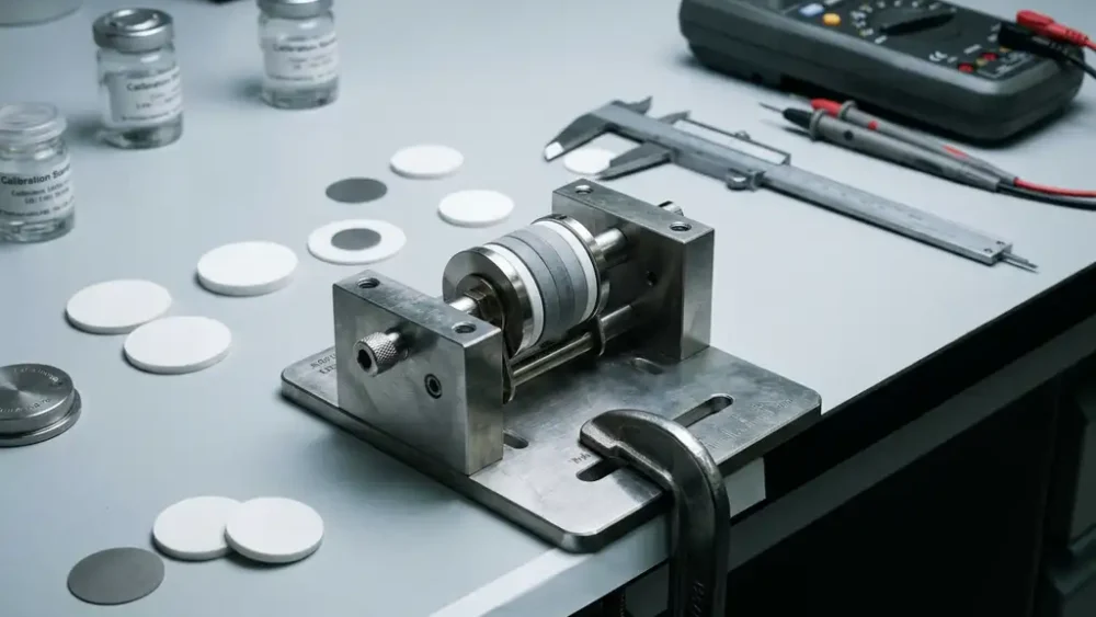 Solid-state battery test cell clamped in a stainless steel electrochemical fixture, surrounded by ceramic electrode discs and calibration tools on a lab bench.