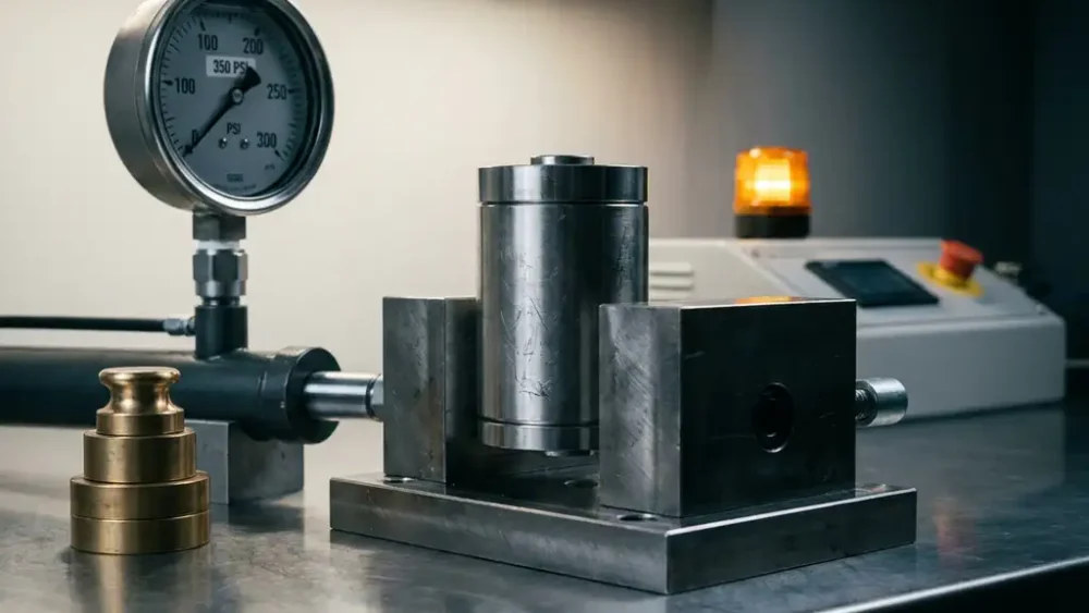 Stainless steel solid-state battery test cell under measured pressure on a lab bench, flanked by calibration weights and pressure gauges.