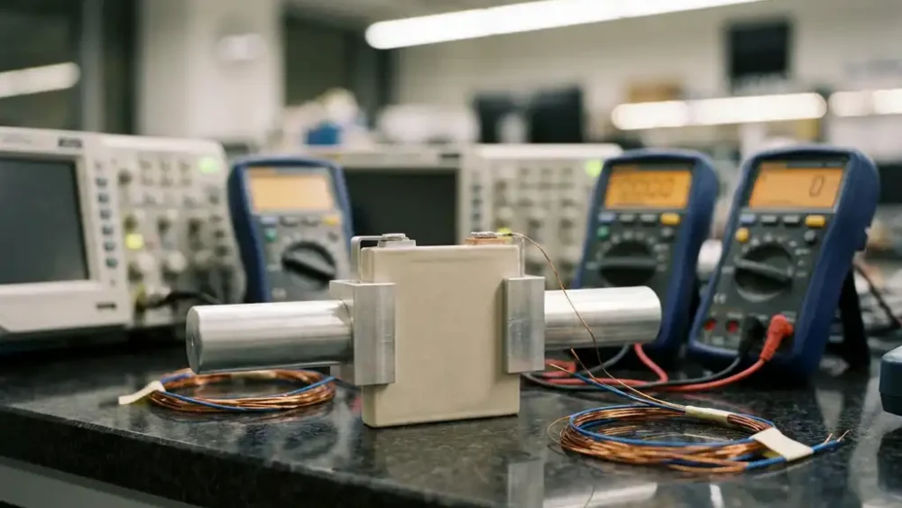 Solid-state battery cell connected to metallic testing probes on a laboratory bench with precision measurement instruments and copper wiring.