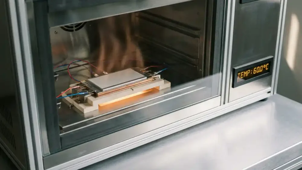 Solid-state battery cell in a temperature-controlled test chamber with thermocouple wires, electrode contacts, and amber heat glow on a lab bench.