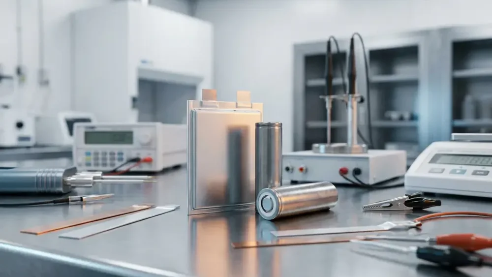 Solid-state battery cell beside a cylindrical lithium-ion cell on a lab bench with electrochemical test equipment and metallic electrodes.