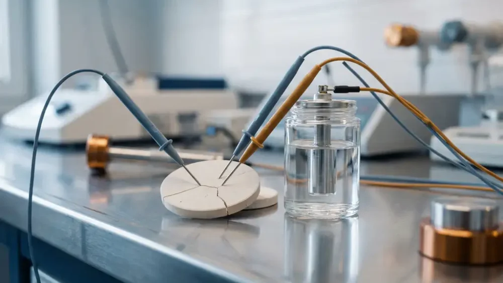 Cracked solid-state ceramic electrolyte disc beside a liquid battery cell on a steel lab bench, with precision measurement probes touching both components.