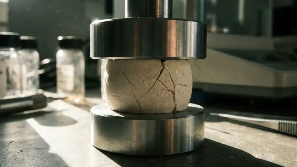 Fractured solid-state electrolyte ceramic pellet compressed between polished steel platens, hairline stress cracks radiating across crystalline grain structure.