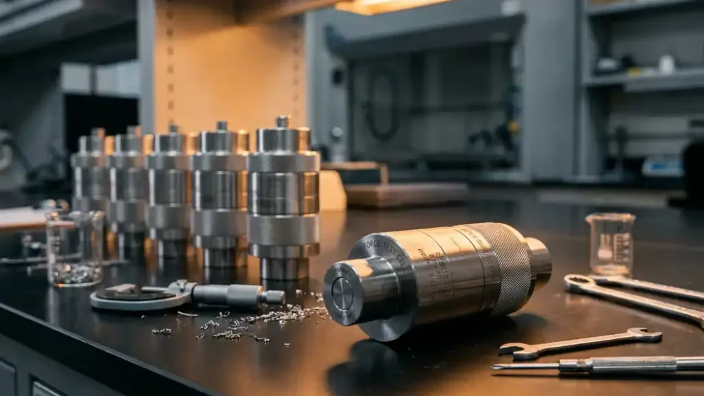 Stainless steel force test cell on a polished lab bench, surrounded by prototype cells in graduated sizes with calibration tools nearby.