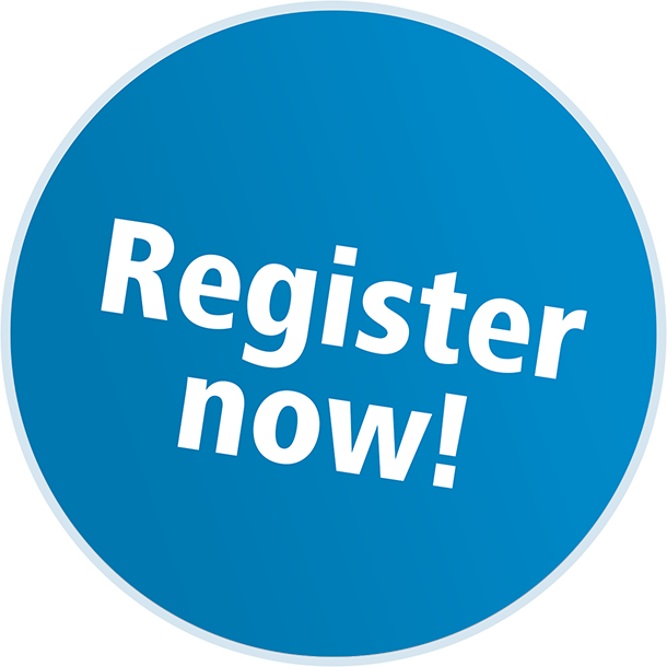 Circular blue CTA button reading 'Register now!' inviting users to sign up.