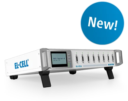 El-Cell PAT tester hardware with front panel ports, a white rack unit angled on a black surface, and a blue 'New!' badge.