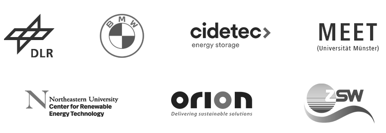 Logos of DLR, BMW, cidetec energy storage, MEET Universität Münster, Northeastern University Center for Renewable Energy Technology, Orion delivering sustainable solutions, ZSW